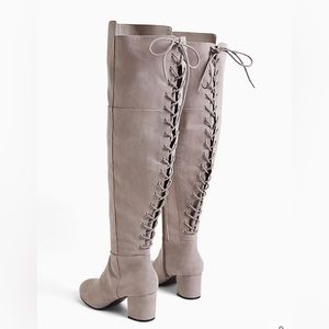 Torrid OTK Grey Suede lace up square heel boots WIDE FIT (foot, calf & thigh)